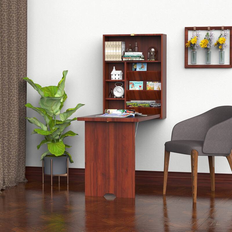 HomCom Compact Fold Out Wall Mounted Convertible Workstation Desk With Storage - Mahogany