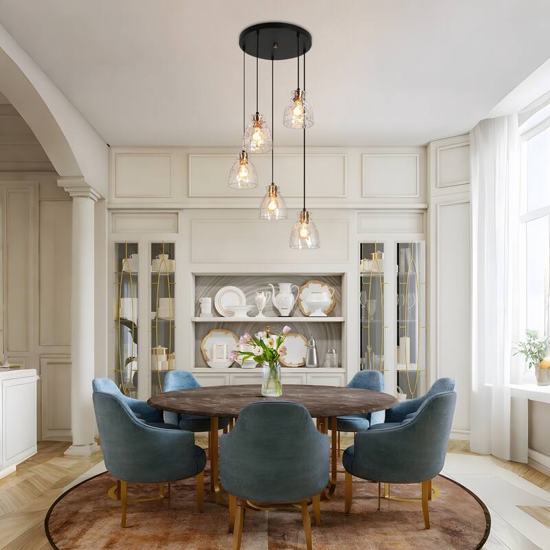 Elisie Modern Glam Cluster Chandelier 5-Light Water Hammered Glass Adjustable Foyer Pendant Light - D 19.7" x H 67.2"