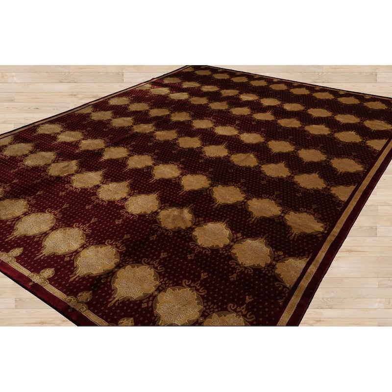 Hand Knotted Burgundy Savonnerie Wool Traditional Oriental Area Rug - 9' x 12'