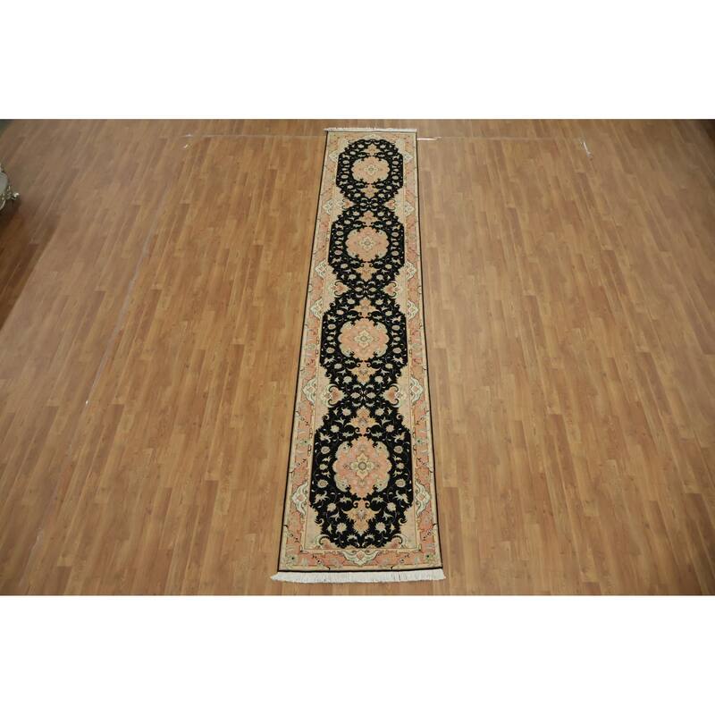 Hand Knotted Oriental Wool & Silk Carpet Traditional Floral Black Tabriz Runner Rug - 13' 5'' X 2' 9''
