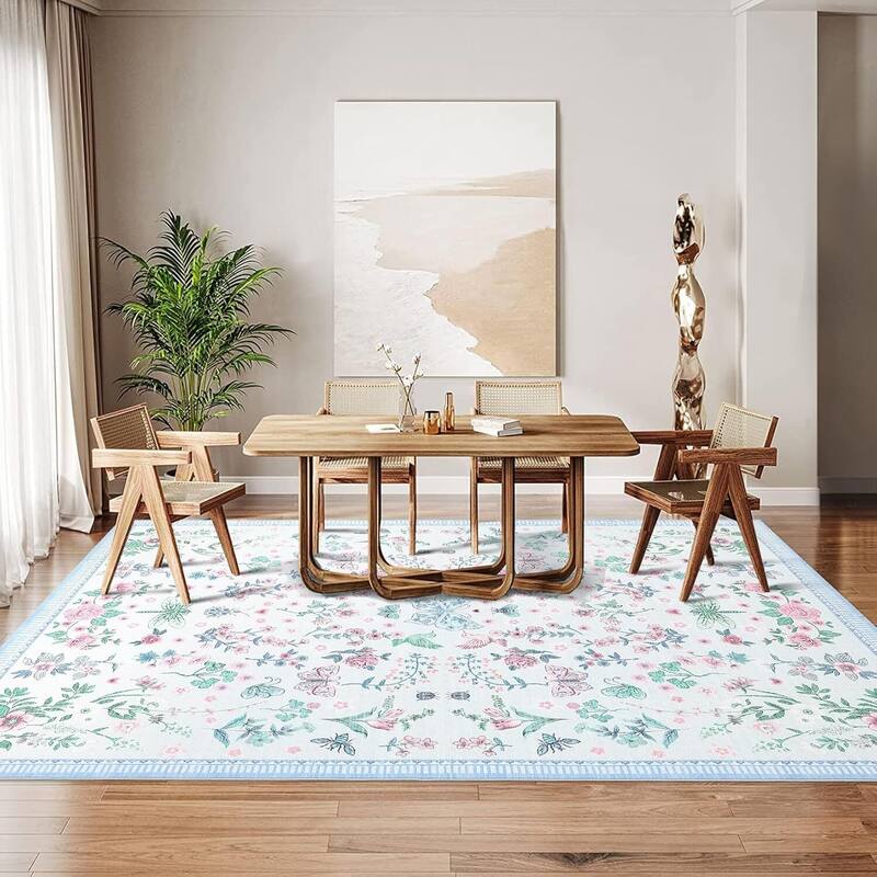 Modern Floral Machine Washable Indoor Waterproof Area Rug for Bedroom, Living Room, Blue - 2' x 3' - Blue 8*10ft