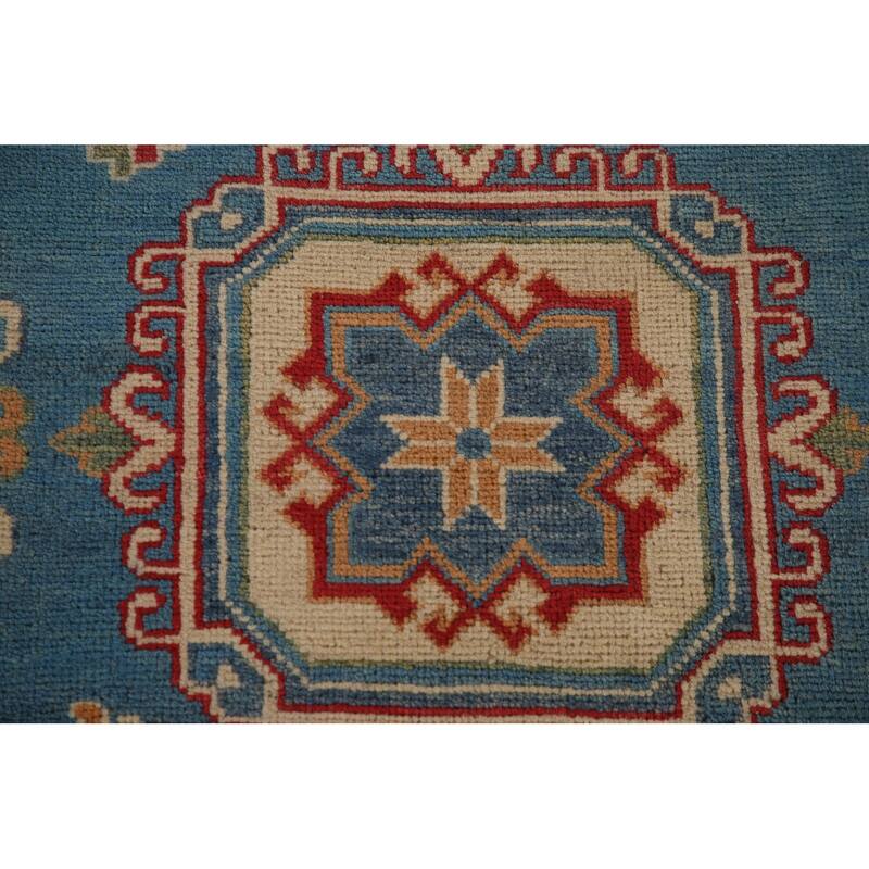 Blue Geometric Kazak Area Rug Handmade Wool Carpet - 8'0" x 9'10"