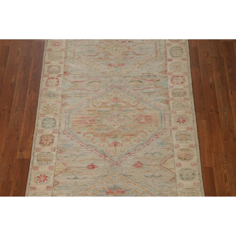 Hand Knotted Oriental 100% Wool Carpet Transitional Geometric Beige & Ivories Oushak Runner Rug - 10' 2'' X 3' 5''