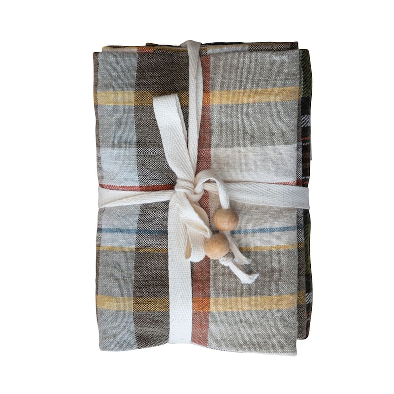 Cotton Printed Tea Towels with Tie and Wood Beads - 28.0"L x 18.0"W x 0.3"H - Set of 3 - 28.0"L x 18.0"W x 0.3"H - Multi