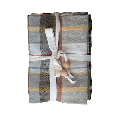 Cotton Printed Tea Towels with Tie and Wood Beads - 28.0"L x 18.0"W x 0.3"H