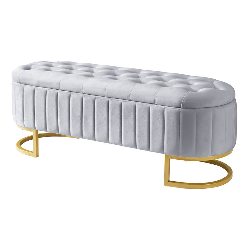 Elegant Velvet Storage Ottoman with Button-Tufted Top, Metal Legs - Grey