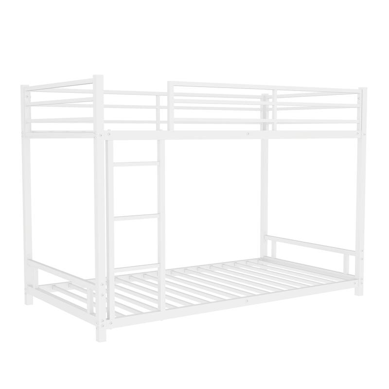 Sturdy Metal Twin over Twin Bunk Bed with Safety Guardrail, Noise Reduced, No Box Spring Needed, White