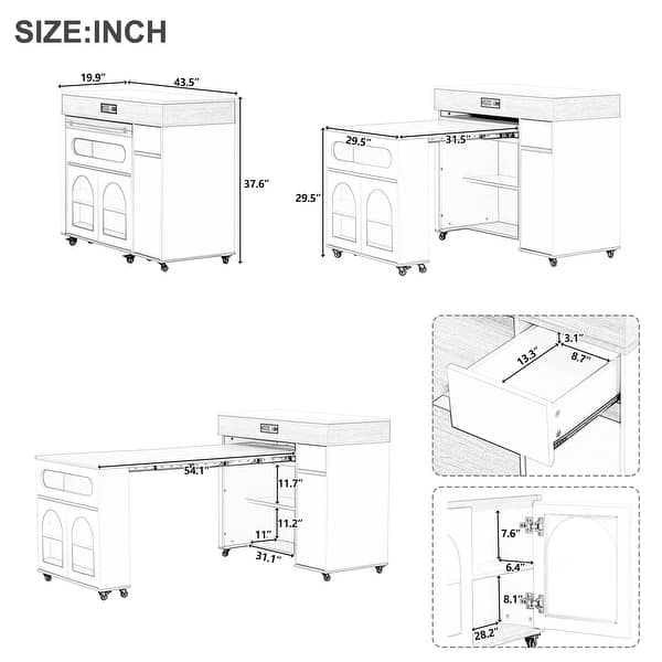 Extendable Dining Table with Rolling Kitchen Island and Integrated ...