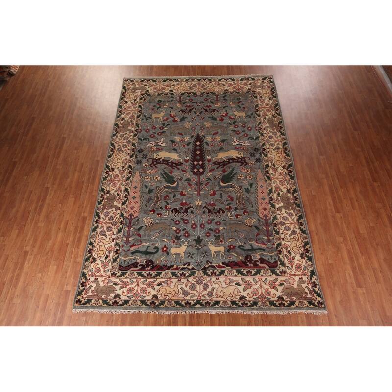 Hunting Animals Gray Ziegler Oriental Large Rug Handmade Wool Carpet - 9'8"x 13'10"