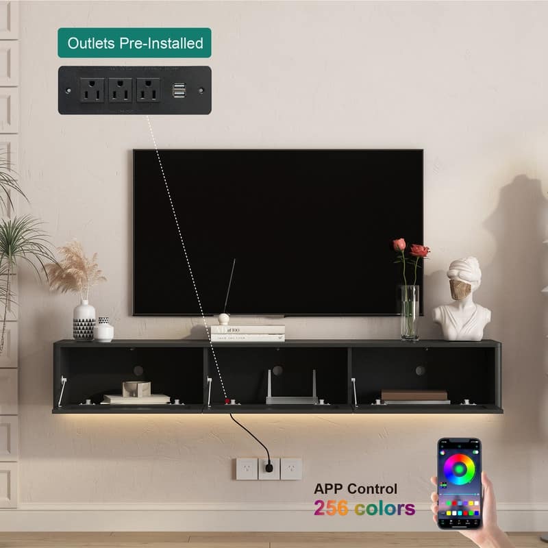 Floating 68" Wall Mounted TV Stand for TVs up to 75", Media Console Table with LED Lights and Power Outlet