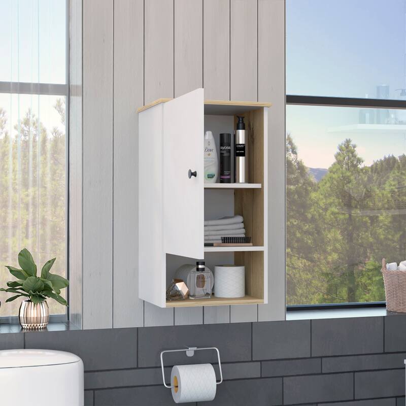 Anmytek Modern Medicine Cabinet with Door and Bottom Shelf - White+Light Oak - Brushed