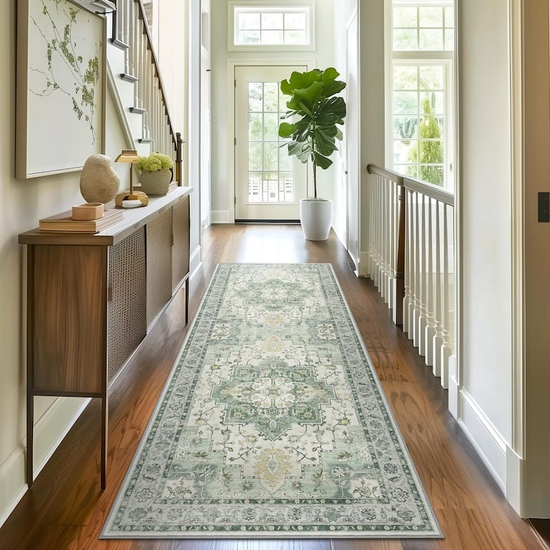 Mcow Green Floral Faded Low Pile Machine Washable Non-Slip Area Rug