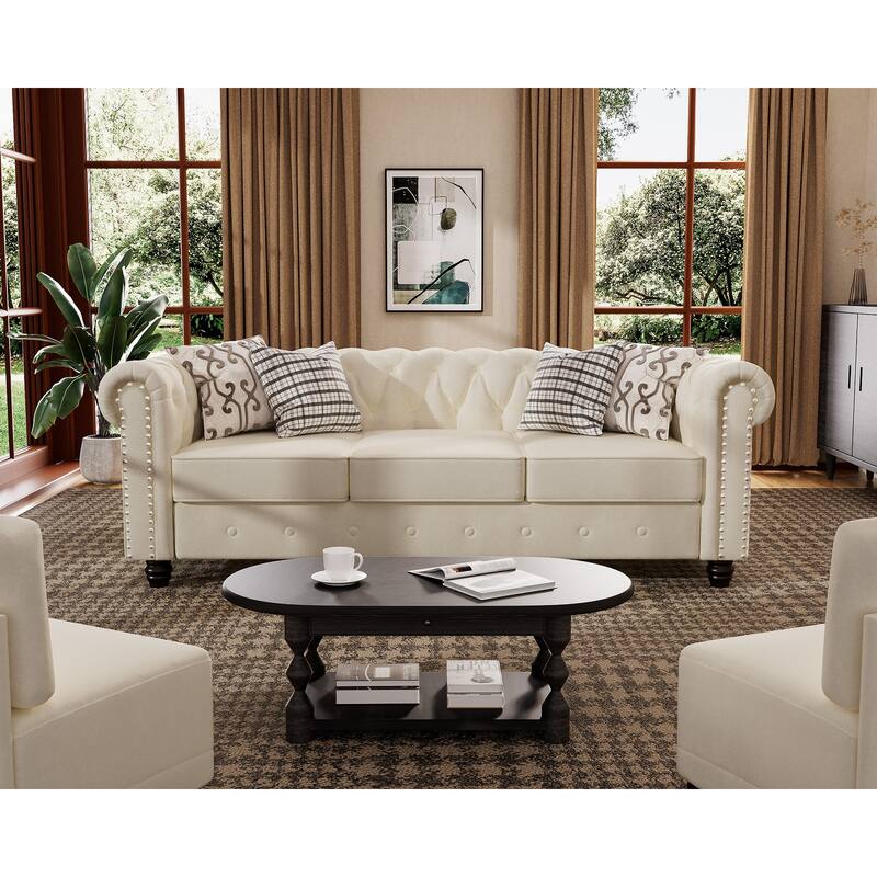 Classic Tufted Velvet Upholstered Chesterfield Club Chair Loveseat Sofa 3 Pieces with Nailhead for Living Room by Morden Fort