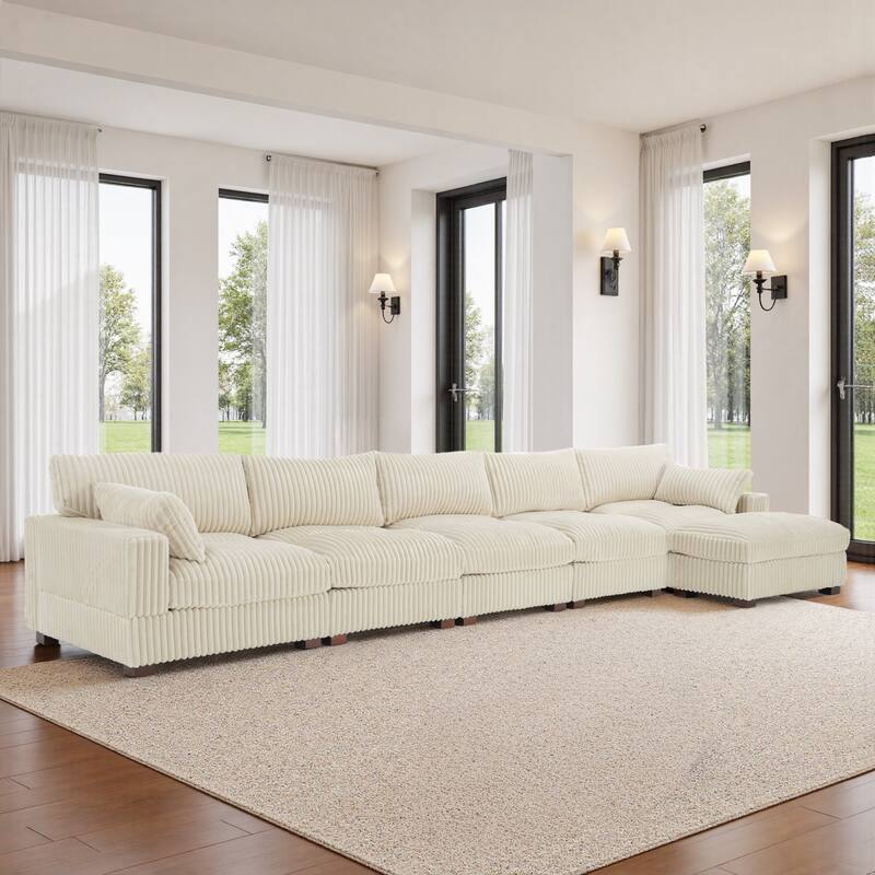 Cloud-Like Flannel Fabric Modular Sectional Sofa with Ottoman - White