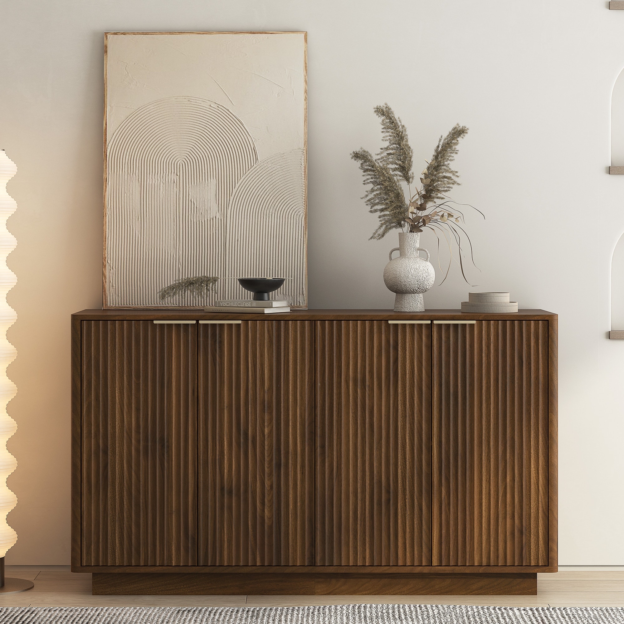 Wood Modern Fluted Sideboard Buffet Cabinet with Adjustable Shelves