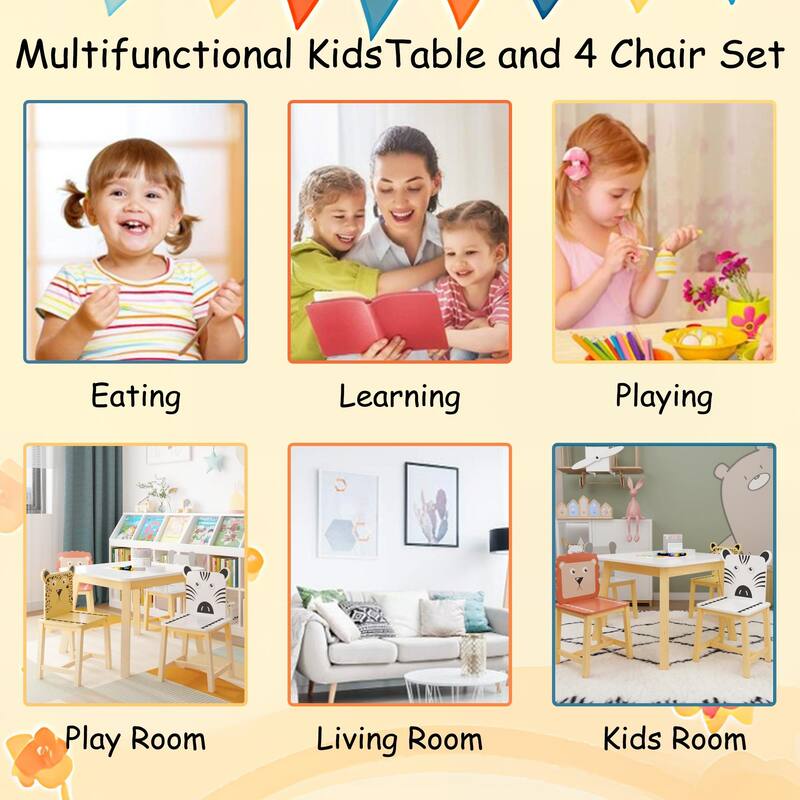 Anmytek 5-Piece Kids Table and Chair Set with Animal Themed Chairs, Solid Wood Children's Furniture for Playroom