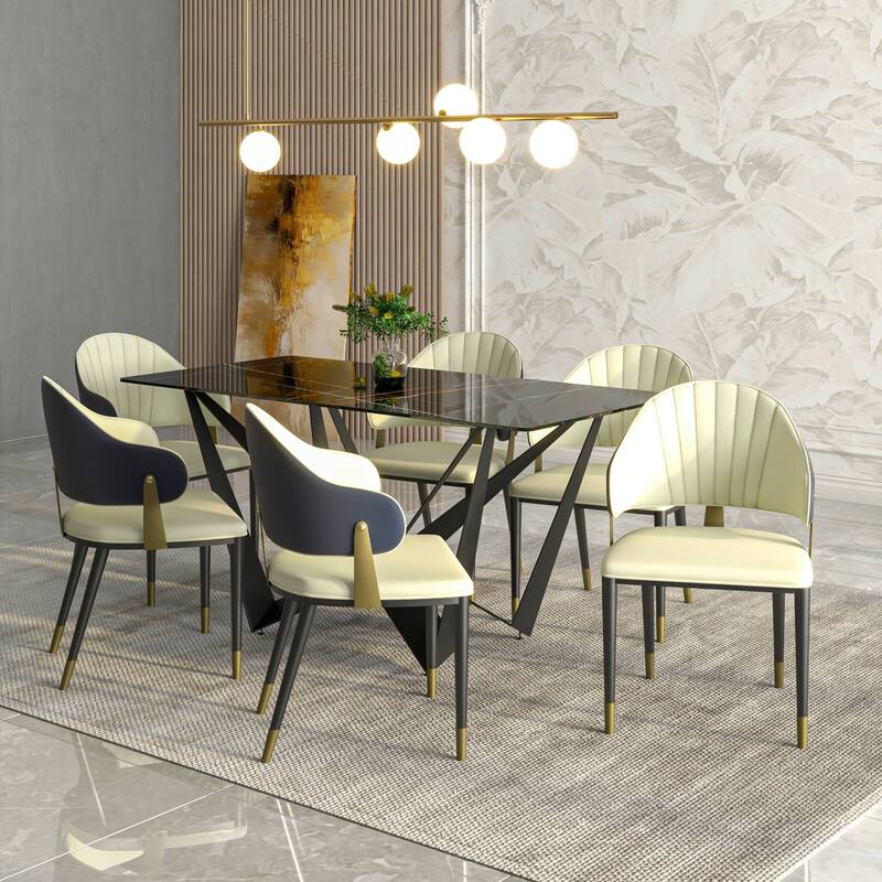 Leather Dining Chair in Iron Set of 4 with Gold Accents Design Modern Ergonomic Side Arm Chair