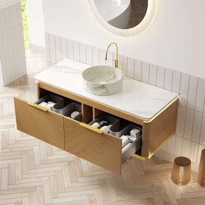 48" Floating Bathroom Vanity with Sensor Light and Marble Vessel Sink