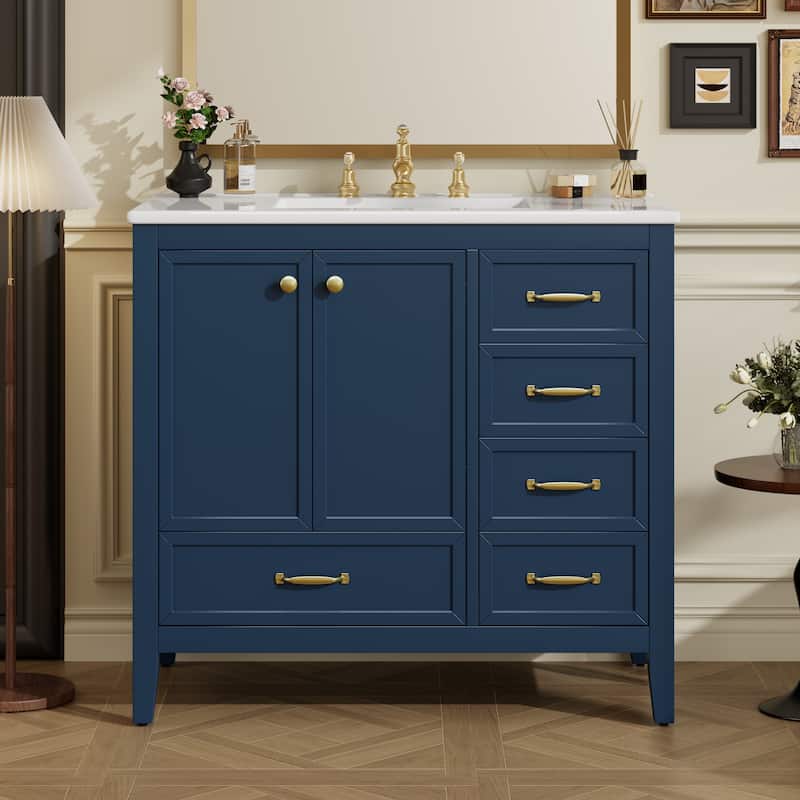 36" Bathroom Vanity with Sink Set, Wood Frame Vintage Bathroom Cabinet Vanity with Soft-Closing Doors & Drawers - Blue