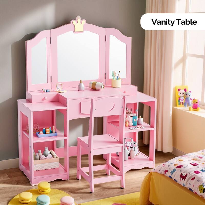 Kids Vanity Table And Chair Set, 2 In 1 Girls Vanity Storage Cabinet W/Tri-Folding Mirror - N/A