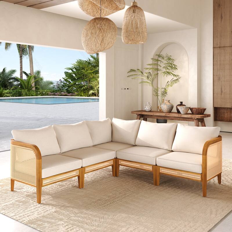 Christopher Knight Home - Peregrine V‑Shaped Acacia Wood 5 Seater Outdoor Sofa Set - Teak Finish+Beige Cushion