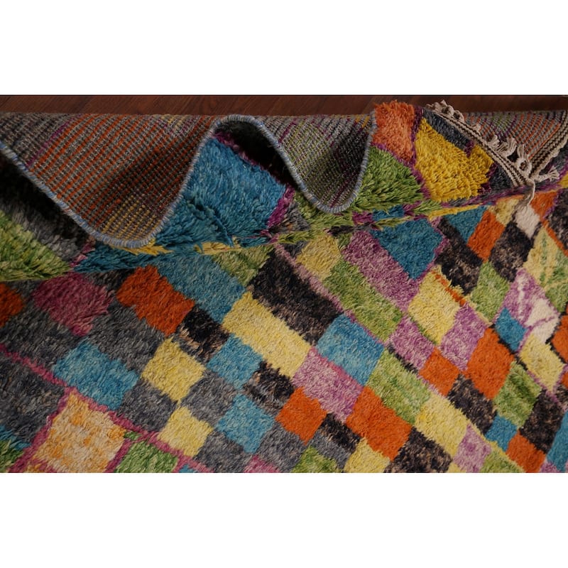 Colorful Checkered Moroccan Plush Area Rug Handmade Wool Carpet - 8'8" x 12'9"