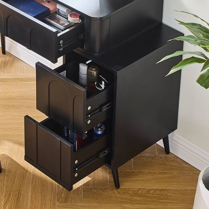 Modern Makeup Vanity Desk with LED Lights & Mirror, Extendable Dressing Table Set with Stool, 4 Drawer & Side Cabinet