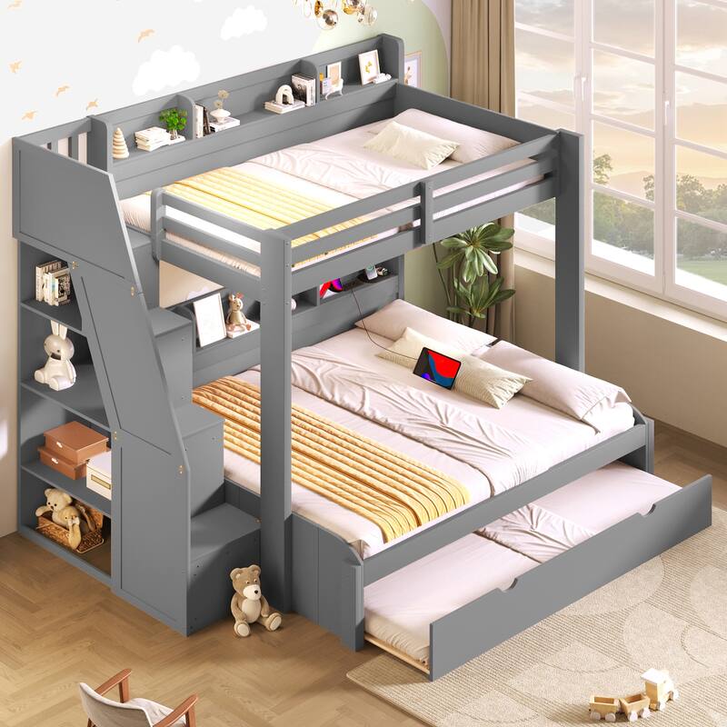 Twin Over Full Size Bunk Bed with Built-in 3-in-1 Storage Shelves and Charging Station, Pull-out Trundle, Storage Staircase - Grey - Full