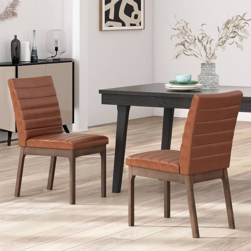Modern Seam-Stitched Upholstered Dining Chair with Splayed Legs, for Dining Rooms, 2-Piece Set, Cognac Brown - Brown