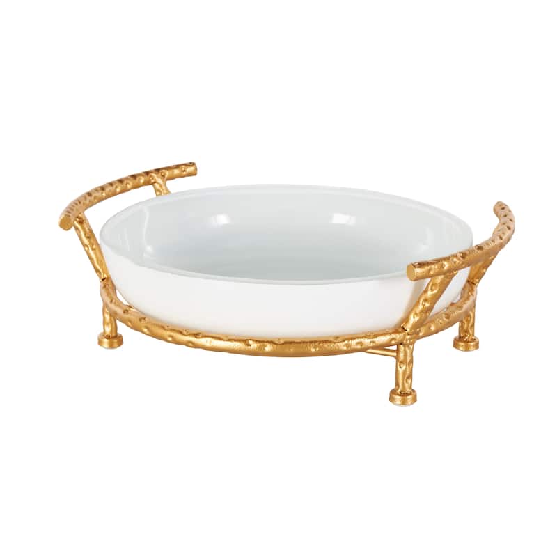 Tempered Glass Kitchen Serving Bowl with Gold Metal Stand - White - Roche River Decor - 12"W x 15"L x 5"H
