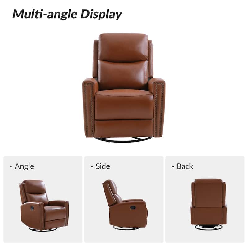 Fiacro 30.31"Wide Mid-Century Modern Genuine Leather Wingback Swivel Rocker Recliner with Nailhead Trims