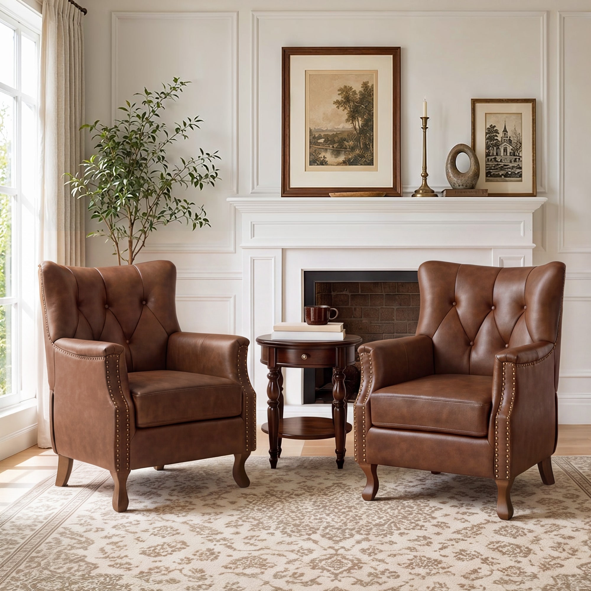 Set of 2 Upholstered Wingback Chairs, Tufted Accent Armchairs with Nailhead Trim and Wood Legs for Living Room