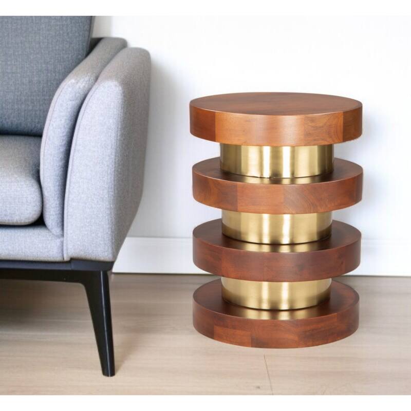 20" Modern Brown and Gold Solid Wood Round Pedestal End Table with Iron Base for Living Room - 20.1”H x 15”W x 15”L