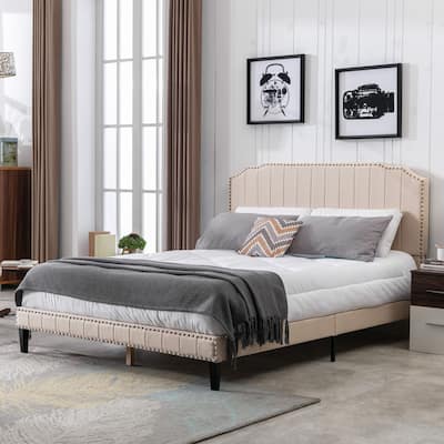 Queen Size Modern Linen Curved Upholstered Platform Bed, Nailhead Trim + Headboard