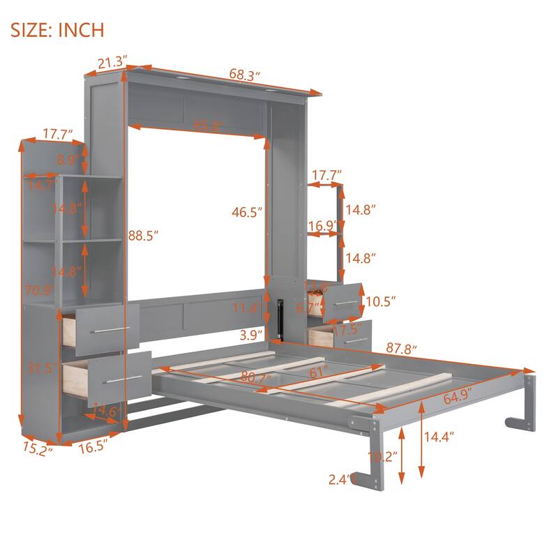 Modern Queen Size Murphy Bed with Shelves, Drawers & LED Night Light - Ideal for Multi-Functional Spaces