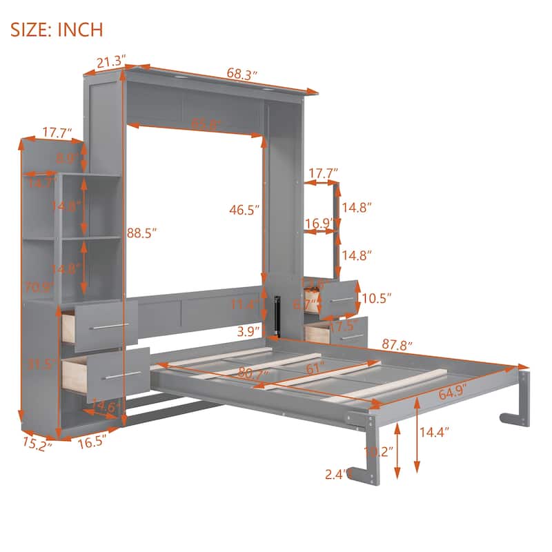 Queen Murphy Bed with Shelves, Drawers & LED Lights