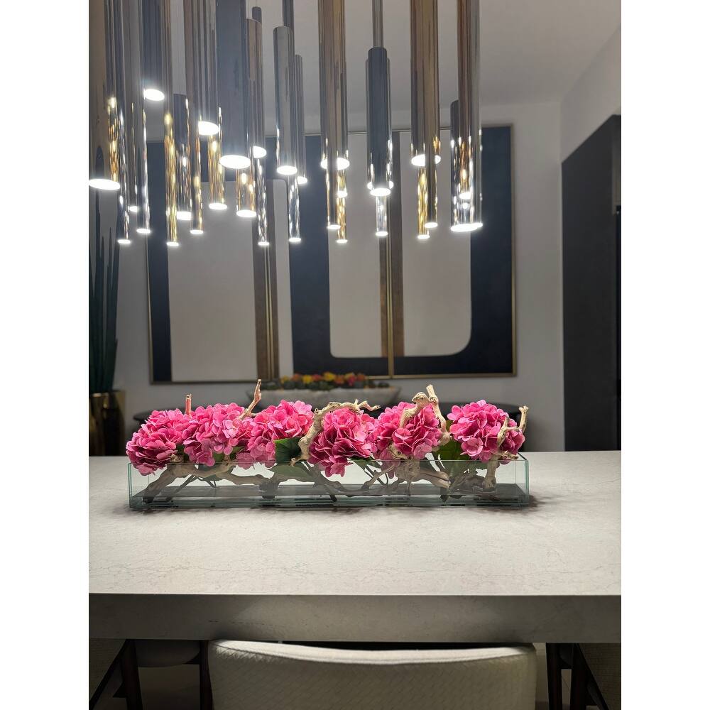 Casa Moderna Glass Plate Planter with Hydrangeas and Driftwood