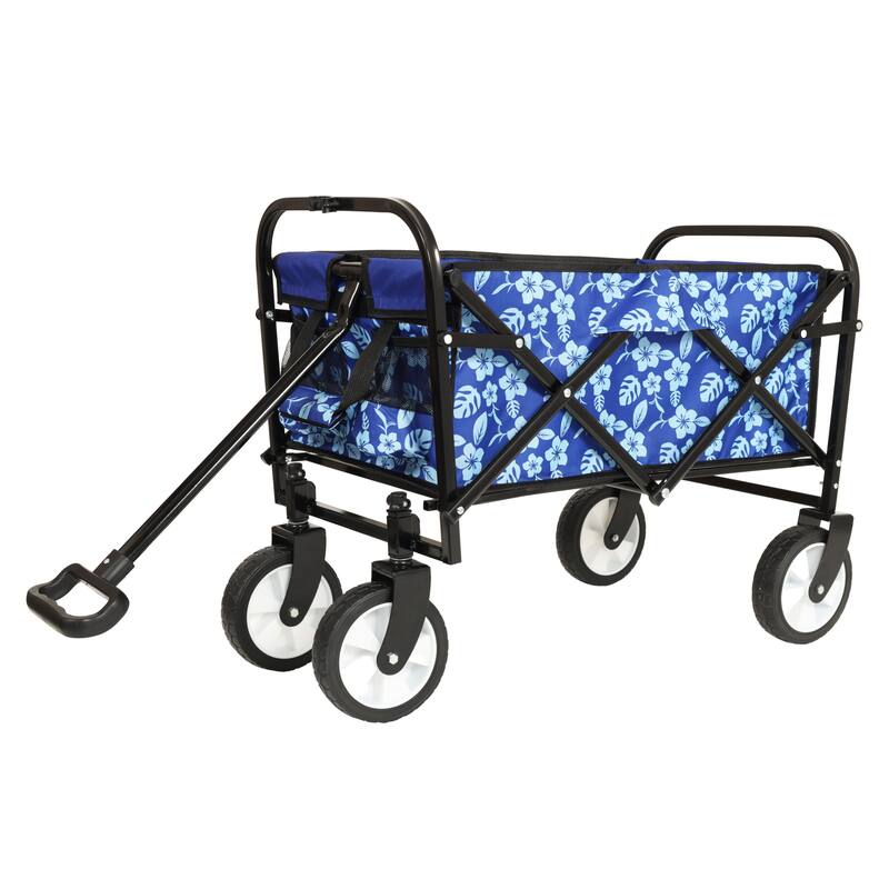 Patterned Collapsible Utility Wagon - Blue Flower Design with Storage Straps, 225lb Capacity