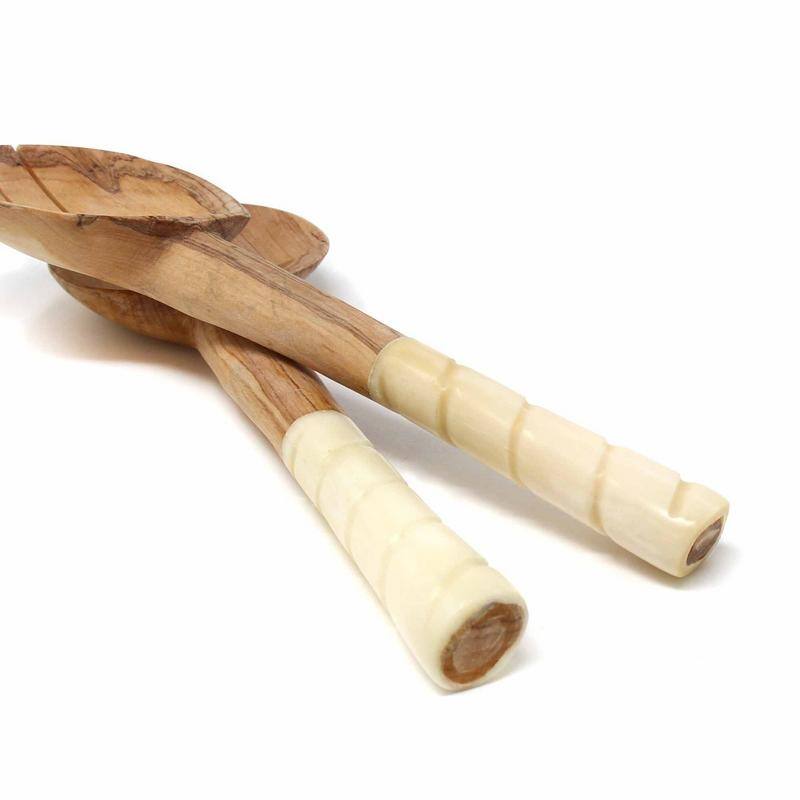 Handmade Olive Wood Serving Utensils with Natural Batik Bone Handles (Kenya)