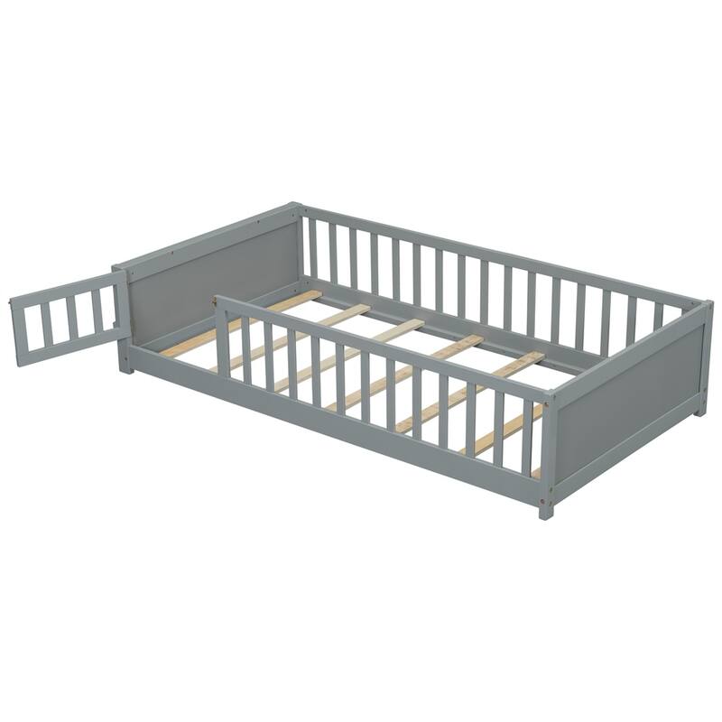 Twin Size Wood Platform Bed with Built-in Book Storage Rack and Door