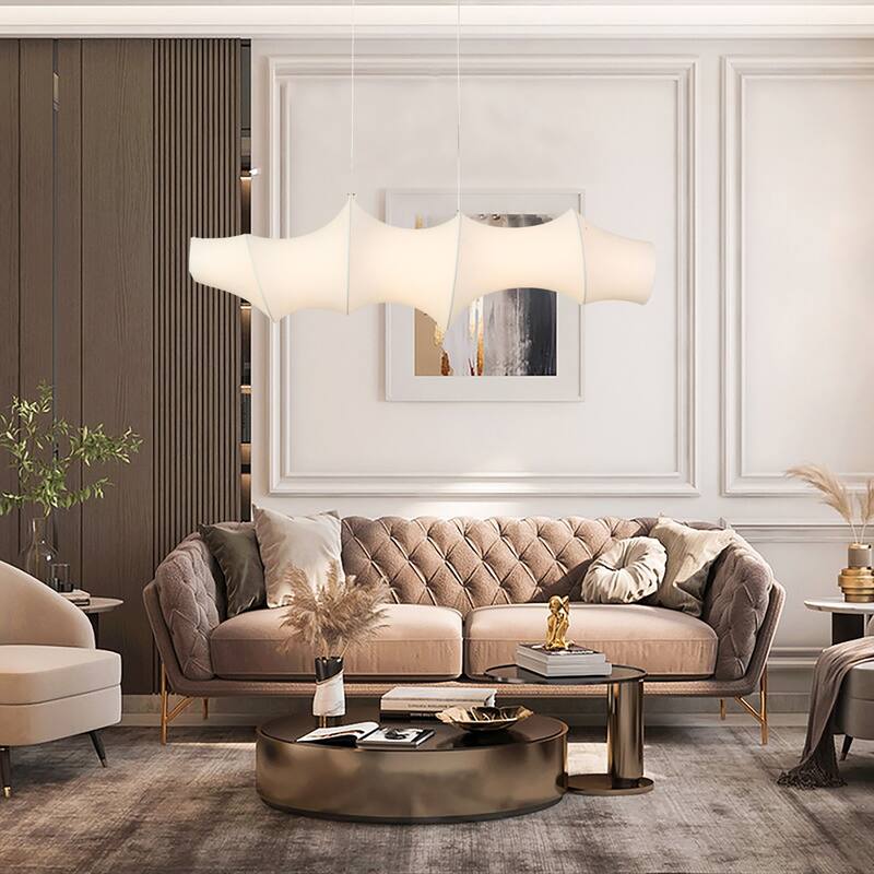 Modern 1-Light LED White Linear Island Chandelier Sculptural Silk Shade - White & Gold - W43.3"*D11.4"*H12.6"