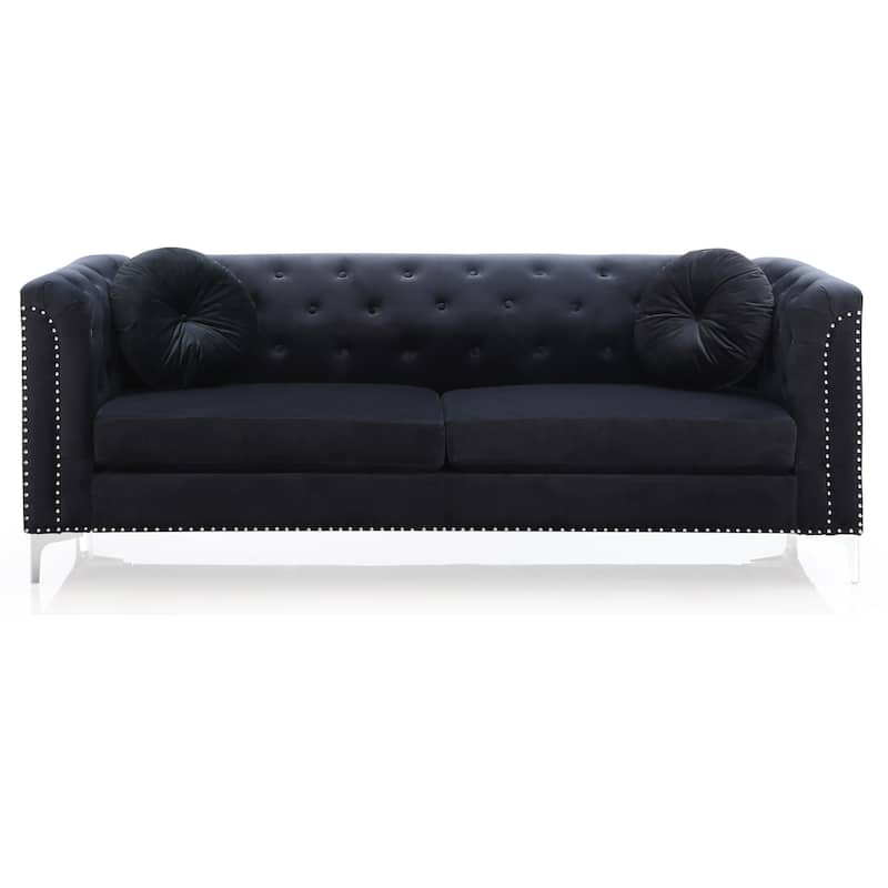 Tufted Nailhead Trim Velvet Sofa with Throw Pillows - 83" - Black