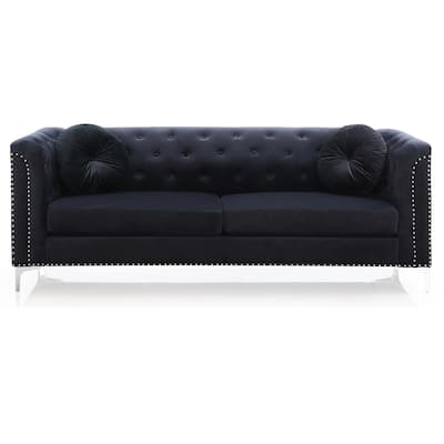 Tufted Nailhead Trim Velvet Sofa with Throw Pillows - 83" - Black