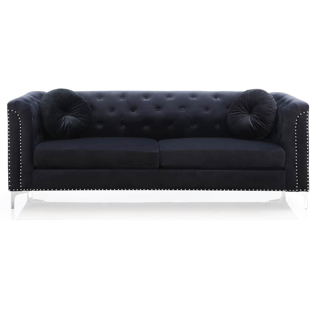 Tufted Nailhead Trim Velvet Sofa with Throw Pillows - 83" - Black