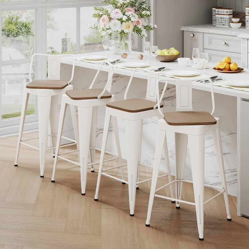 Swivel Counter & Bar Stools with Metal Frame Farmhouse 26" and 30" Seat Height Kitchen Barstools with Low Back and Wooden Seat - Off-White - Counter Height - Set of 4