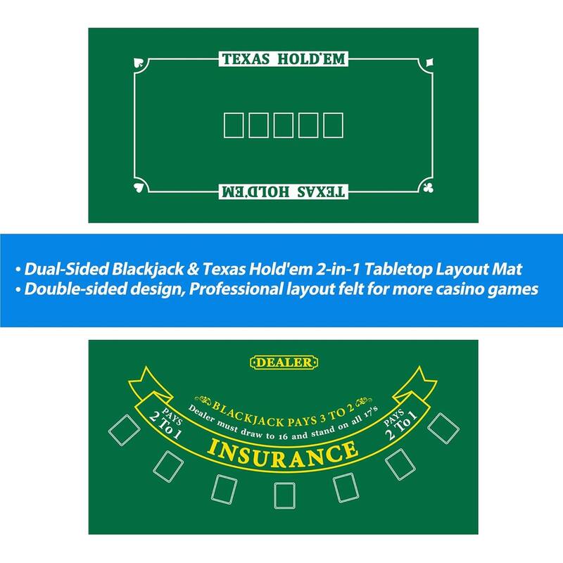 36"x72" Double Sided Casino Blackjack & Texas Hold'em Poker Tabletop Layout Felt, Casino Table Top Cover Mat - Layout Felt