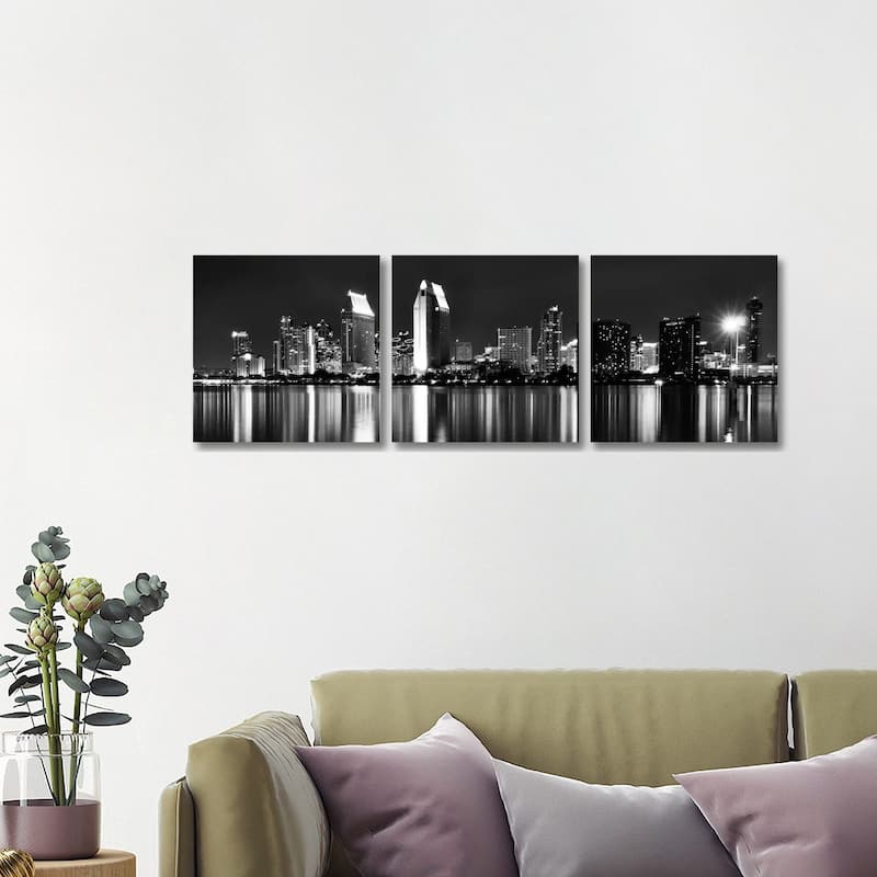 iCanvas "San Diego Panoramic Skyline Cityscape (Black & White - Night)" by Unknown Artist 3-Piece Canvas Wall Art Set - 16x48x1.5