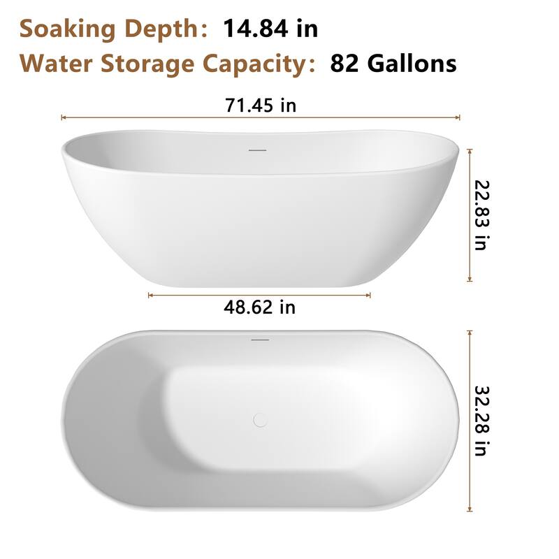 CASAINC Matte White Soaking Bathtub Solid Surface Stone Bathtub with Center Drain