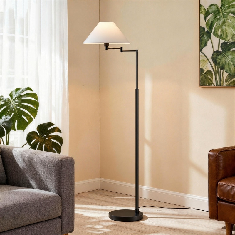 KAWOTI Modern Swing Arm Floor Lamp with Conical White Shade - W21.25" x D 15.5" x H62.25"