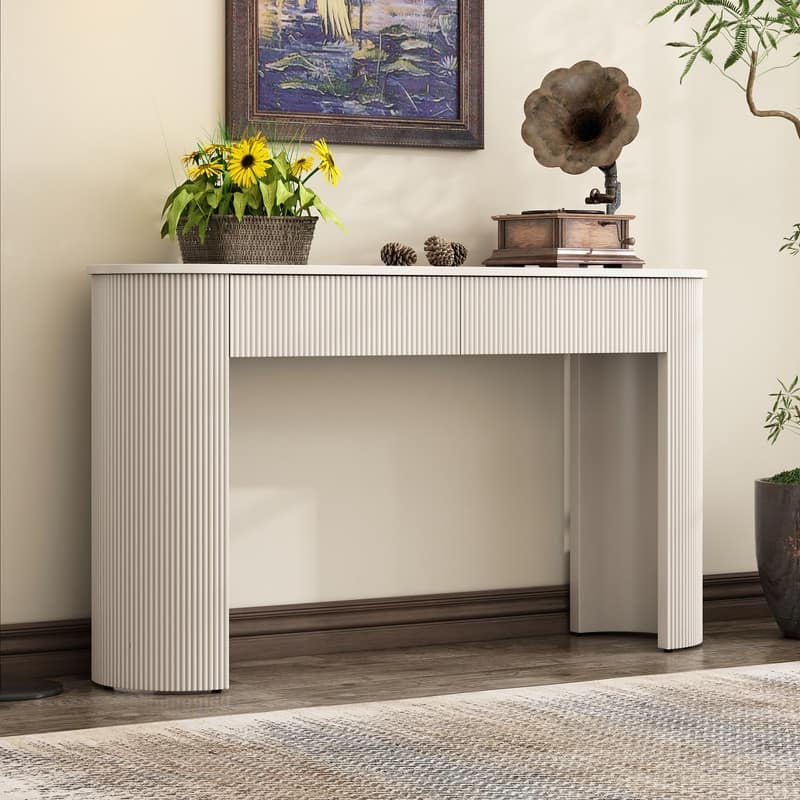 Entryway Table with Fluted Design, Modern Console Table with Storage, Oval Top and 2 Drawers